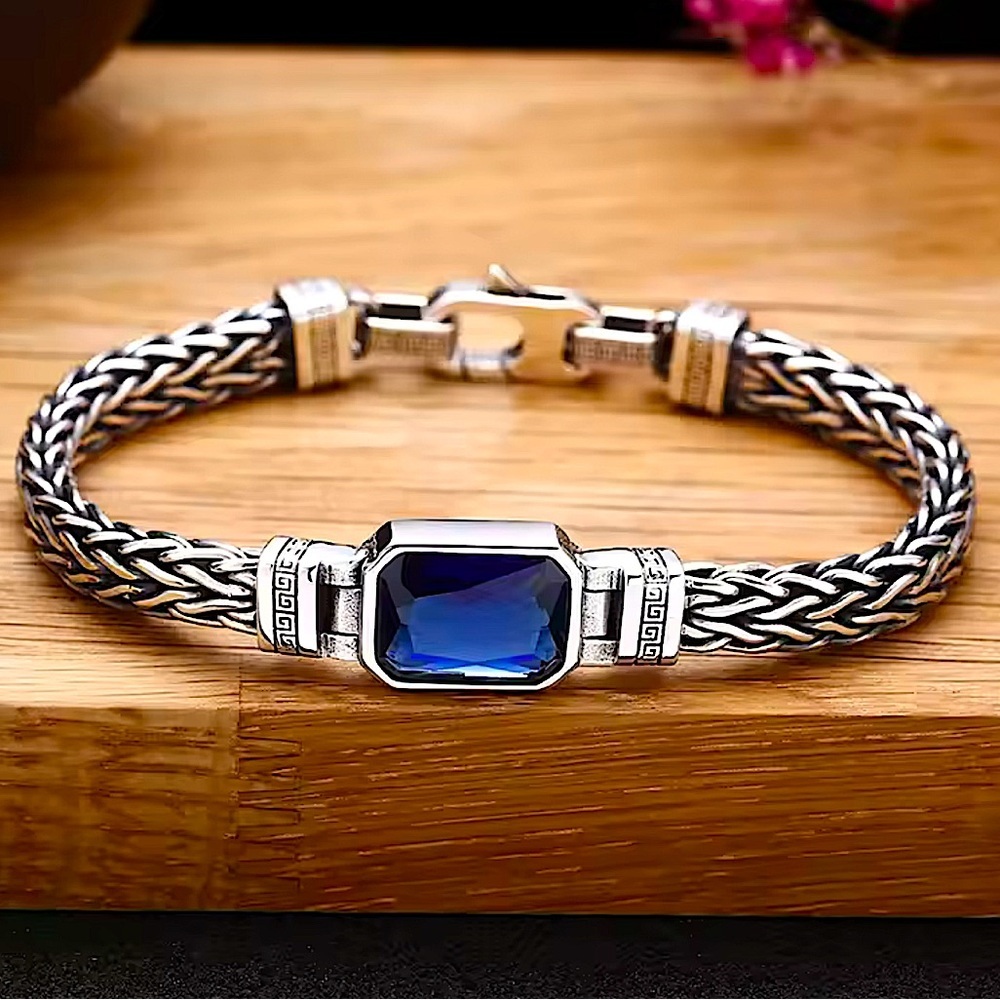 Sterling Silver Blue Zircon Braided Bracelet, Unisex, Handmade